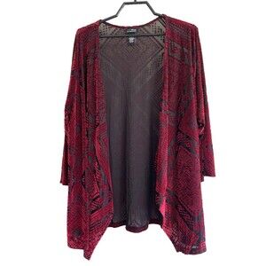 Anywear Catherines Velvet Burnout Cardigan Womens 1X Burgandy Open Whimsy Loose